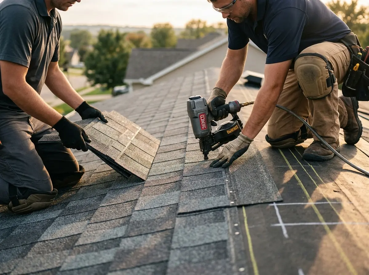 Professional roofer working on a residential roof in Speedway